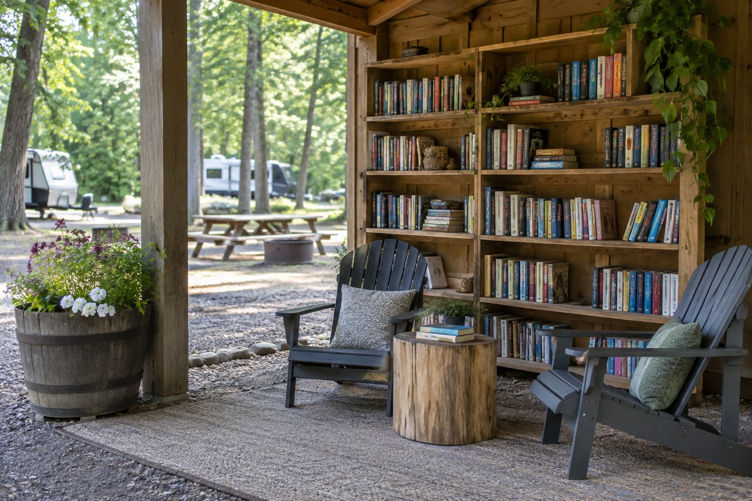 AI-generated representative image of library & book exchange; not a photograph of Poche.