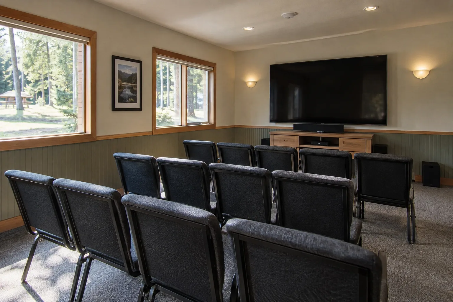 AI-generated representative image of movie viewing room; not a photograph of Poche.