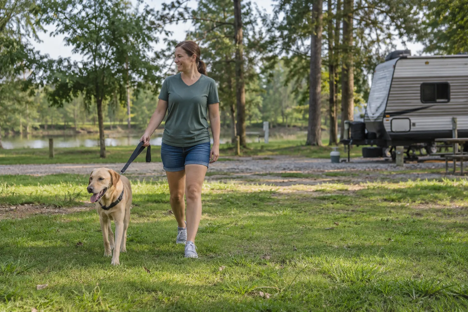 AI-generated representative image of dog walk park; not a photograph of Poche.