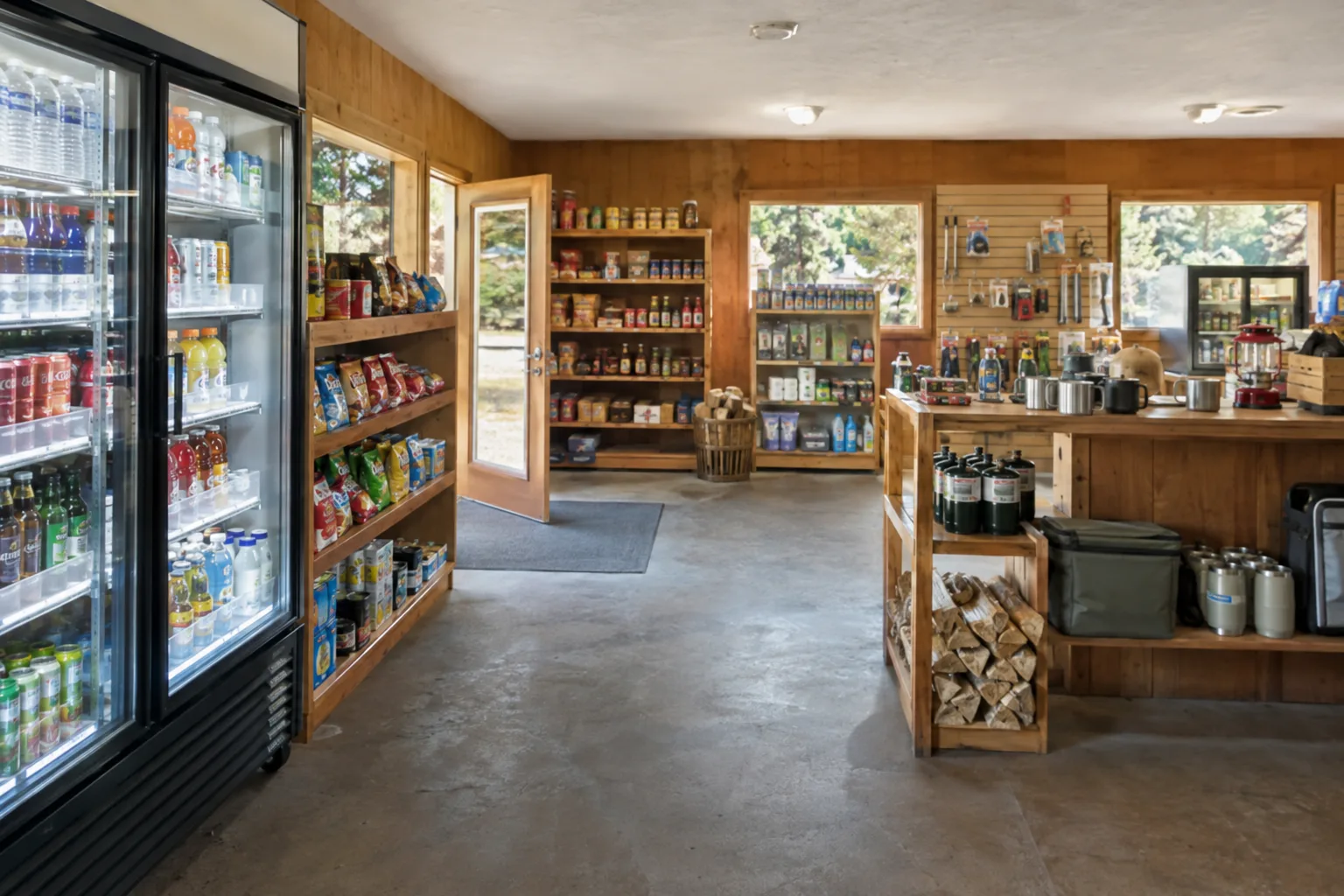 AI-generated representative image of camp store; not a photograph of Poche.