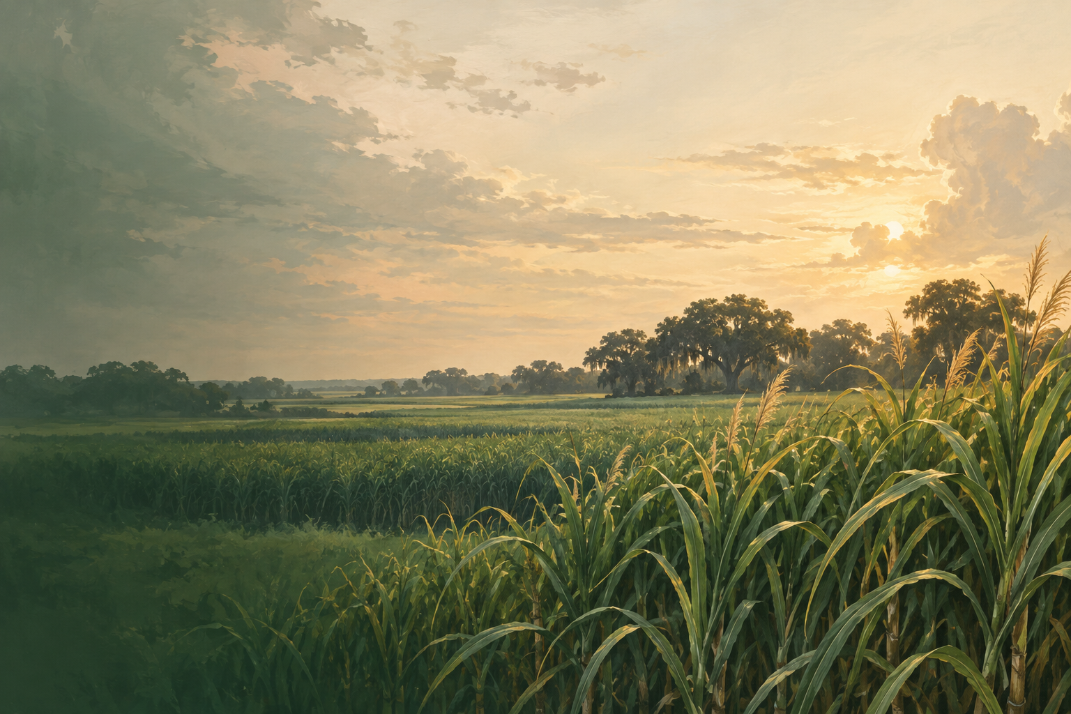 Illustrated cane fields beneath a wide Louisiana sky