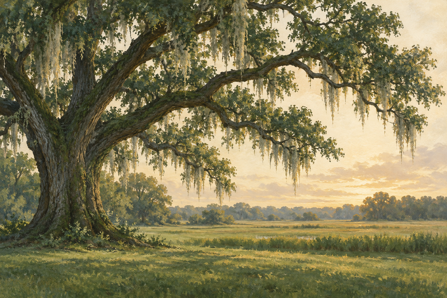 Illustrated live oak and open Louisiana landscape
