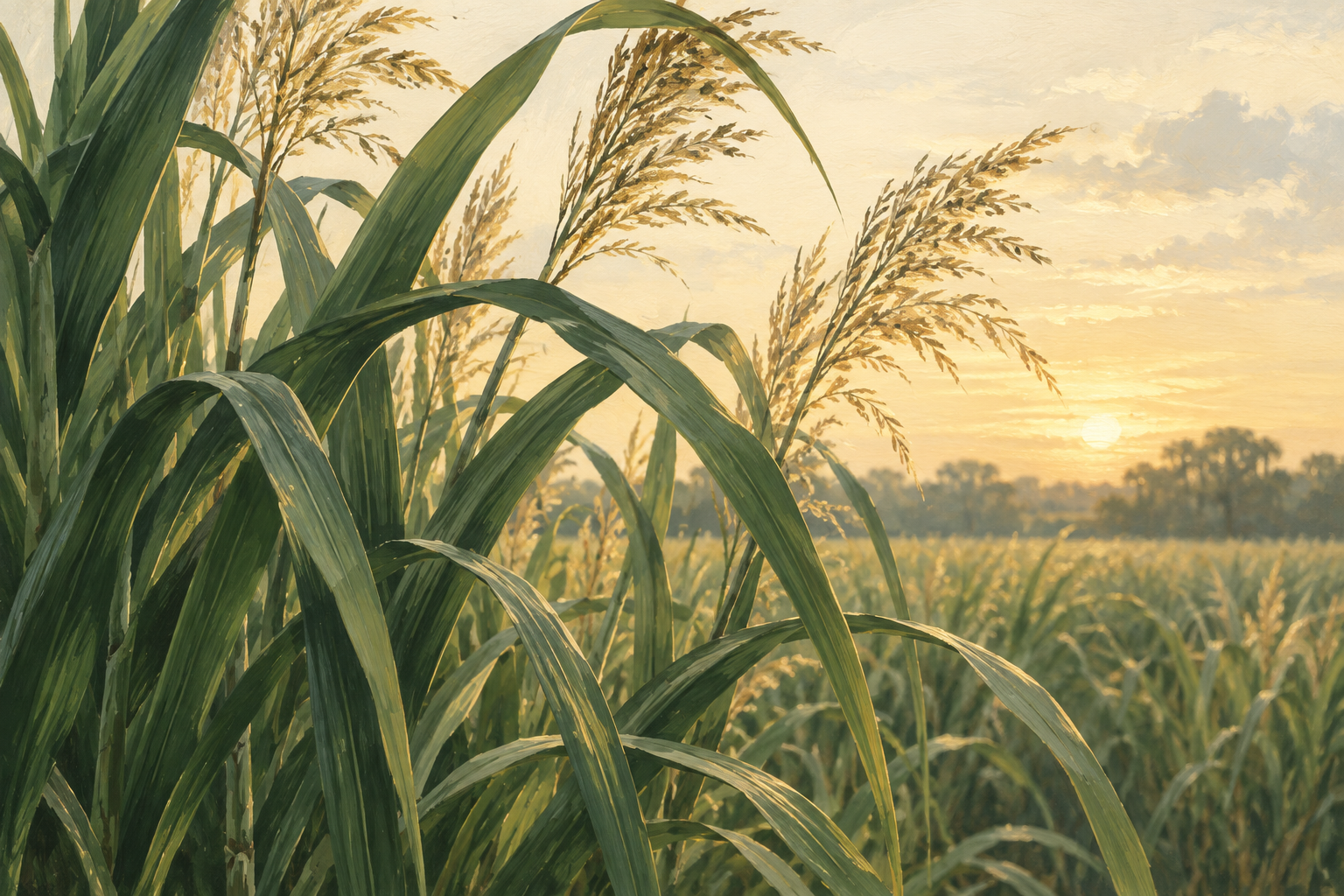 Illustrated sugar cane in golden evening light